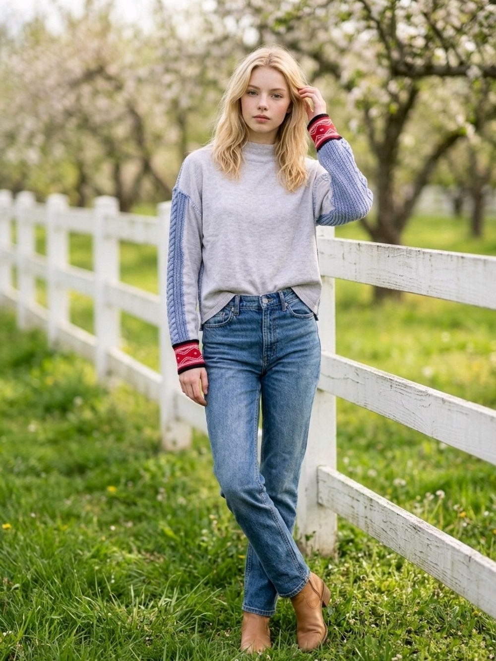 Free People Mixed Media Knit Sweater with Mock Neck and Fair Isle Cuffs
